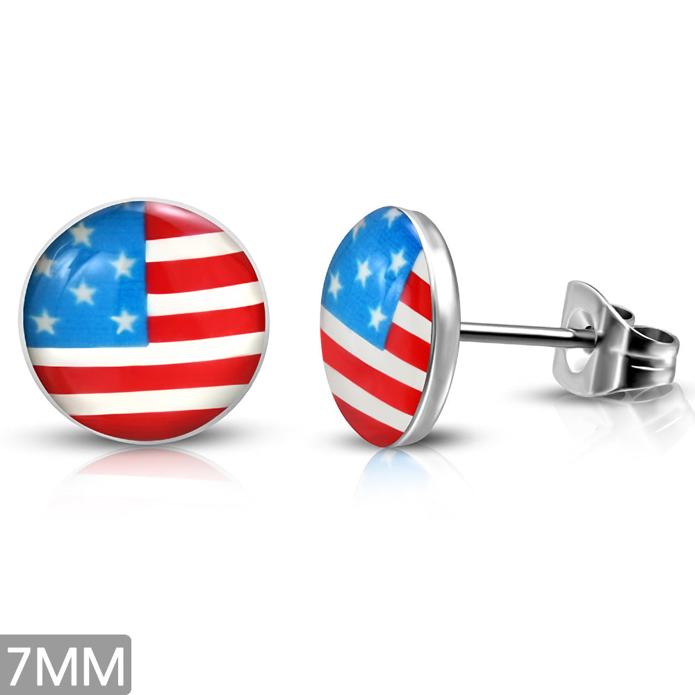 Stainless Steel Silver-Tone USA American Flag Patriot Stud Earrings, 0.25"