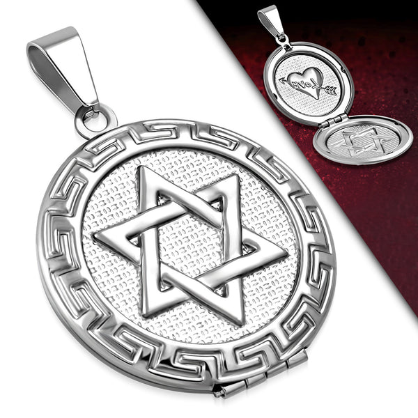 Stainless Steel Greek Key Style Jewish Star of David Locket Pendant Necklace