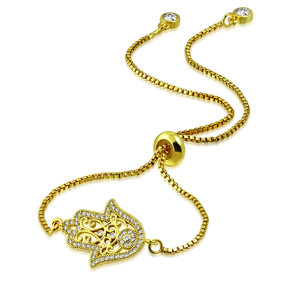 Stainless Steel Clear CZ Filigree Hamsa Adjustable Chain Bracelet, 9.5"