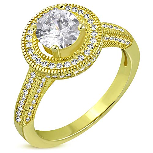 925 Sterling Silver Yellow Gold-Tone White Clear CZ Engagement Ring Band