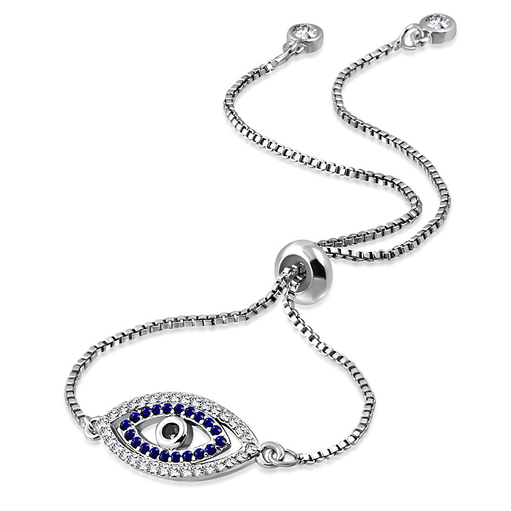 Stainless Steel Multi-Color CZ Evil Eye Protection Adjustable Chain Bracelet, 9"