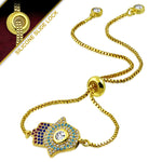 Stainless Steel Yellow Gold-Tone Multi-Color CZ Hamsa Adjustable Chain Bracelet, 9.5"