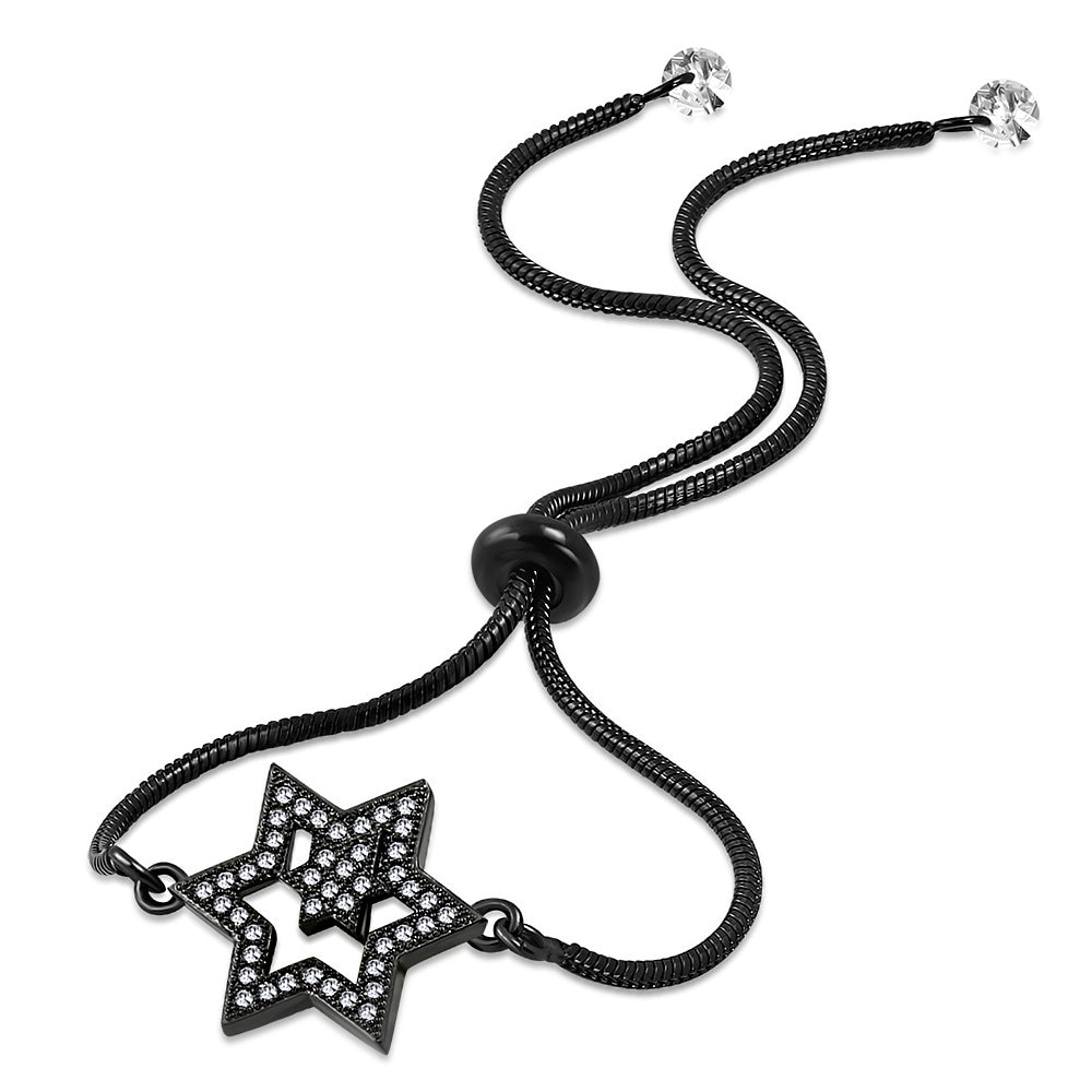 Black Stainless Steel CZ Double Star of David Jewish Adjustable Snake Chain Bracelet
