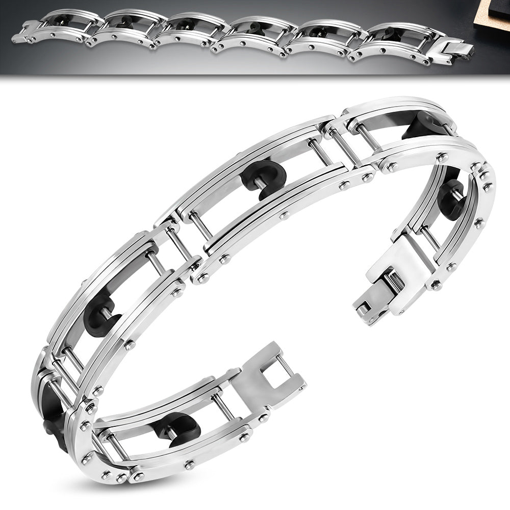 Stainless Steel Silver-Tone Black Rubber Link Mens Bracelet, 8.5"