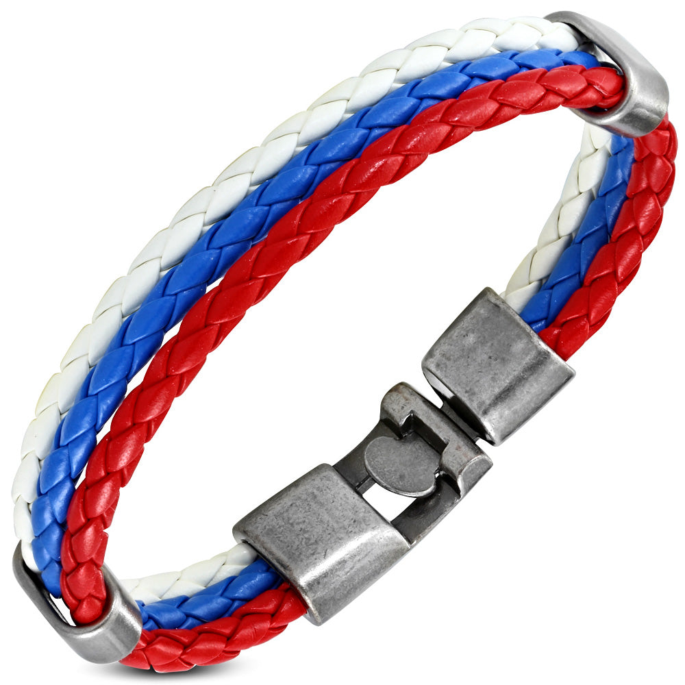 Stainless Steel Multi-Color Braided Faux Leather Layer Cuff Bracelet, 7.5"