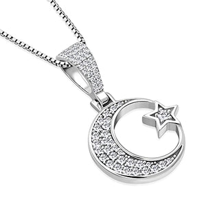 My Daily Styles 925 Sterling Silver CZ Islamic Muslim Pendant Necklace with Crescent Moon and Star Design
