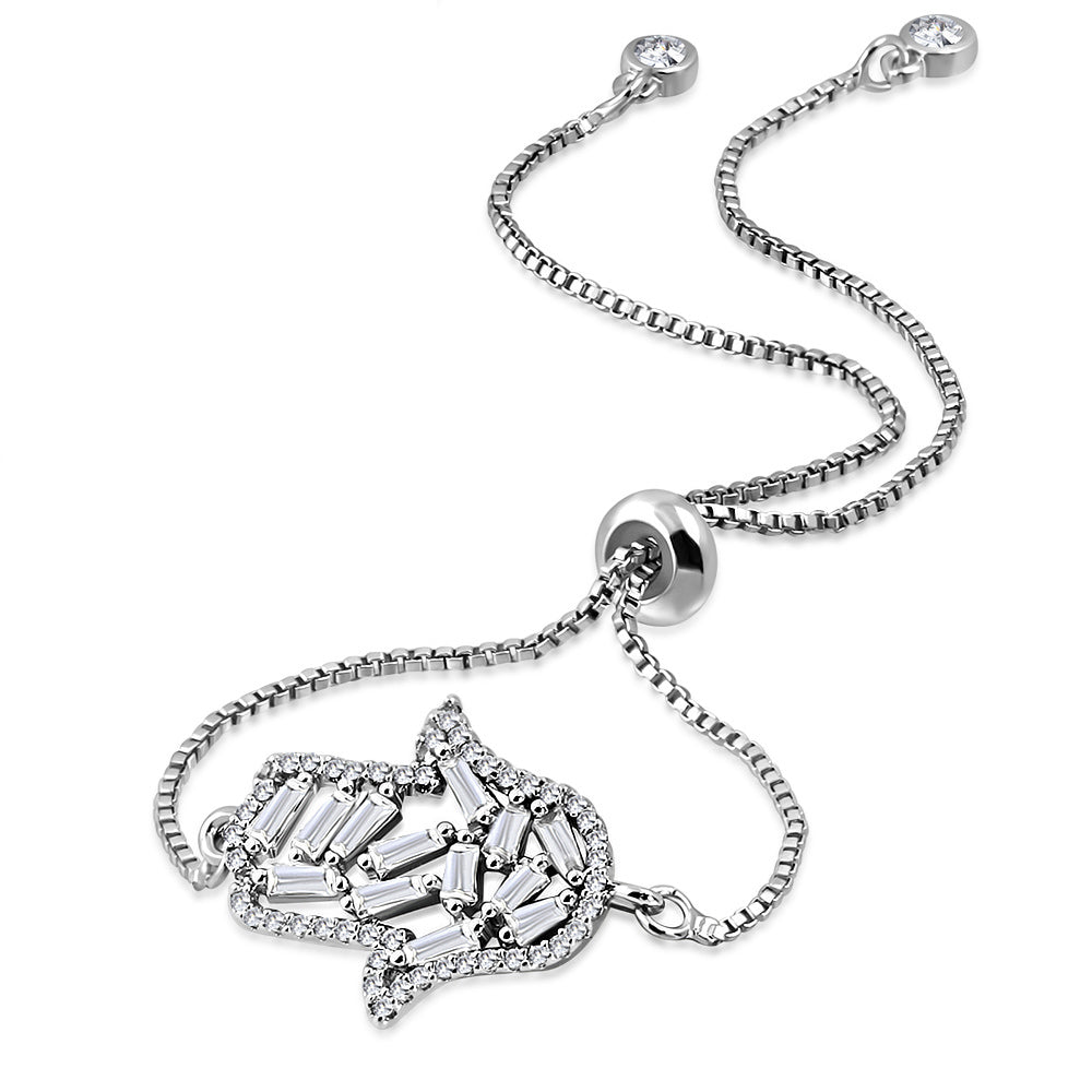 Stainless Steel Silver-Tone Clear CZ Hamsa Adjustable Chain Bracelet, 9"