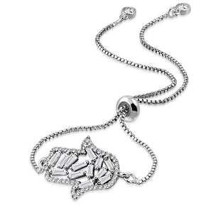Stainless Steel Silver-Tone Clear CZ Hamsa Adjustable Chain Bracelet, 9"