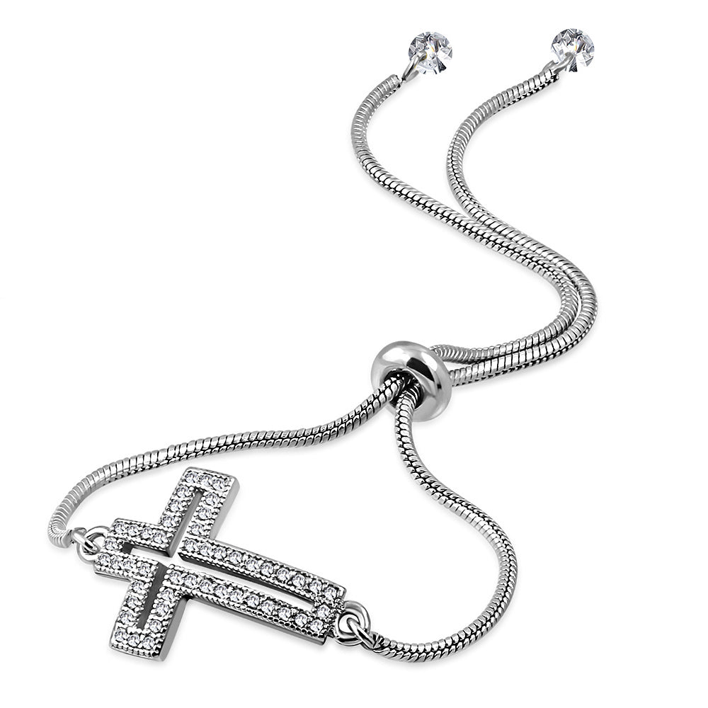 Stainless Steel Clear CZ Cross Adjustable Snake Chain Bracelet