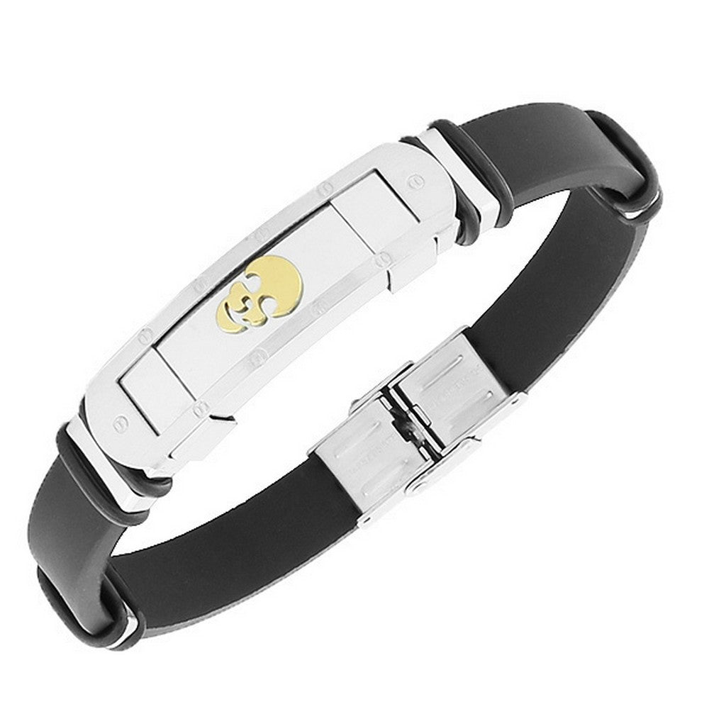 My Daily Styles Stainless Steel Black Rubber Silicone Silver Gold-Tone Scull Mens Bracelet