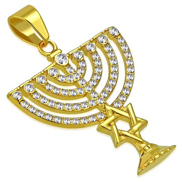 Stainless Steel Yellow Gold-Tone Hanukkah Menorah Star of David Jewish CZ Pendant Necklace, 30"