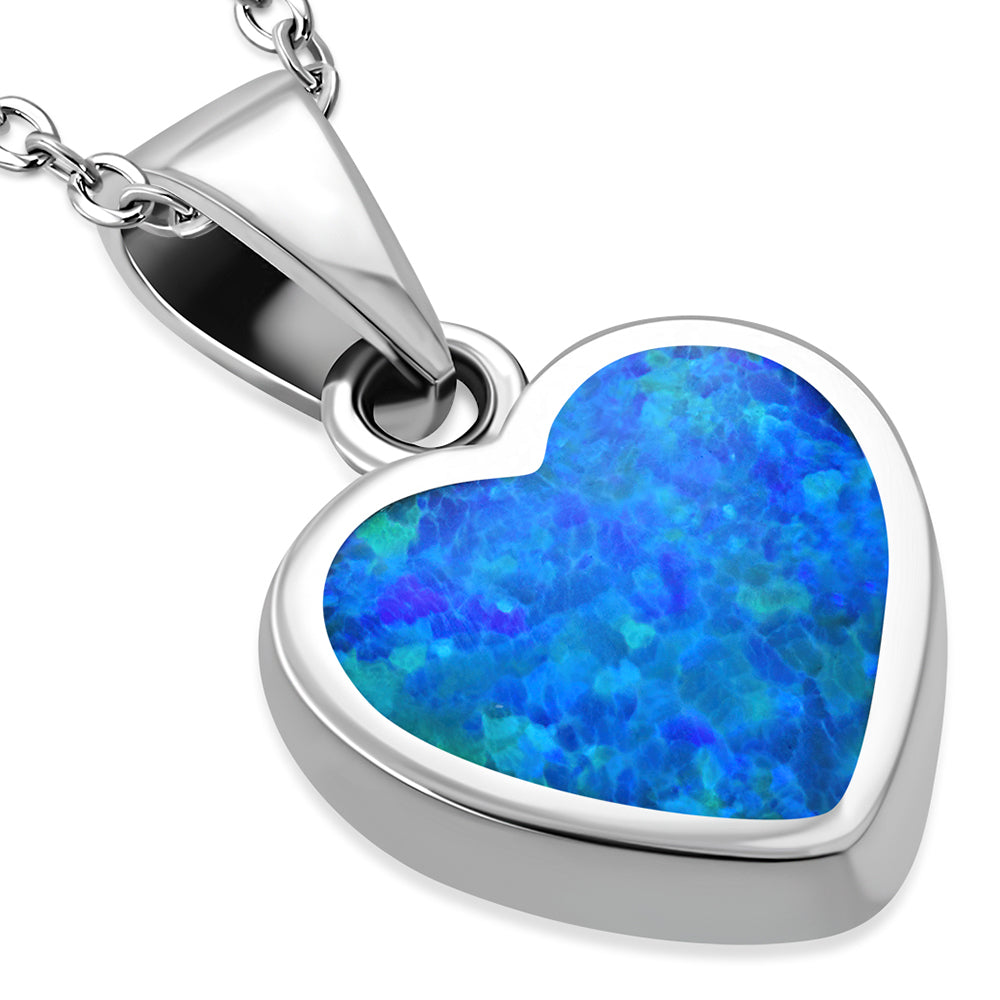 Blue Simulated Opal Heart Pendant Necklace 925 Sterling Silver, 18"