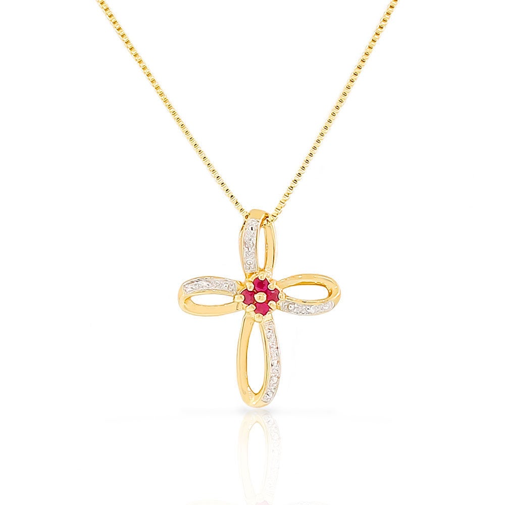 925 Sterling Silver Yellow Gold-Tone Genuine Red Ruby Diamond  Cross Pendant Necklace
