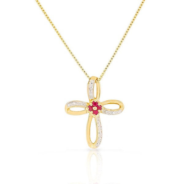 925 Sterling Silver Yellow Gold-Tone Genuine Red Ruby Diamond Religious Cross Pendant Necklace