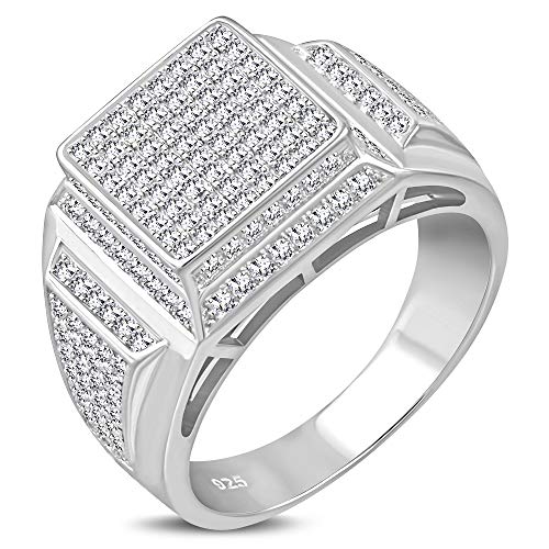 925 Sterling Silver Men's Silver-Tone Micro Pave White CZ Stone Square Pyramid-Style Signet Style Ring
