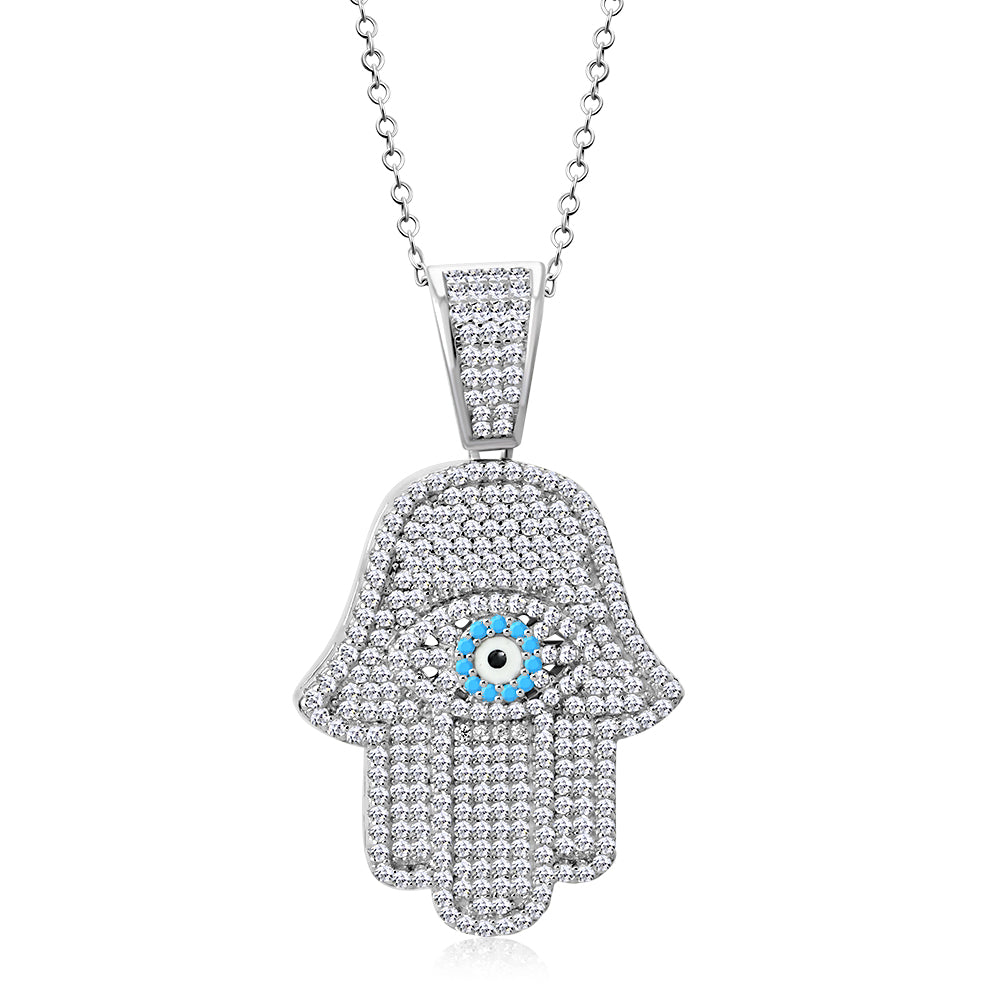 925 Sterling Silver Evil Eye Protection Hamsa Pendant Necklace Cubic Zirconia