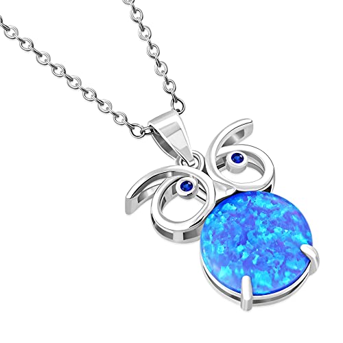 My Daily Styles – Blue Eyed Owl Necklace - Opal Necklace - Sterling Silver Necklace for Women - Sparkling Round Cut Blue Simulated Opal Stone Embellished Over The Owl Pendant – 0.6″ x 0.5″