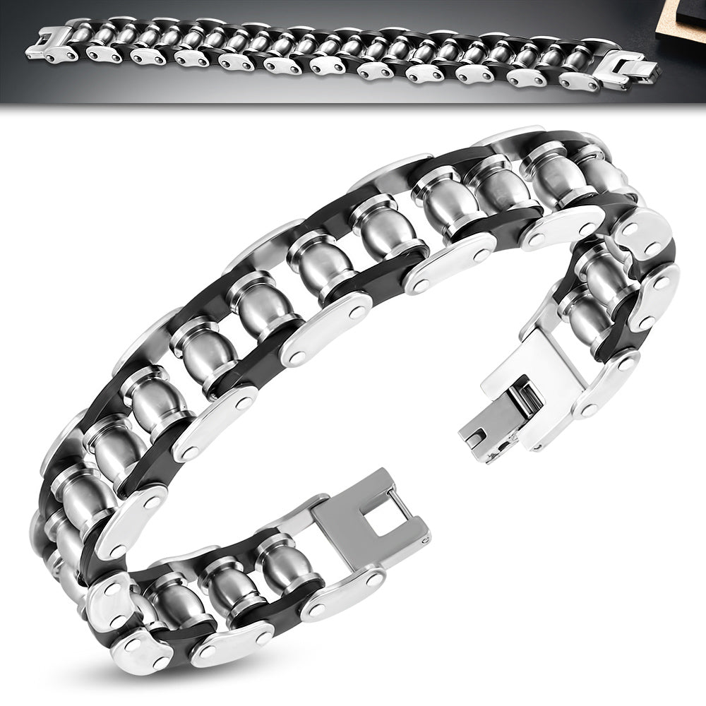 Stainless Steel Silver-Tone Black Rubber Link Mens Bracelet