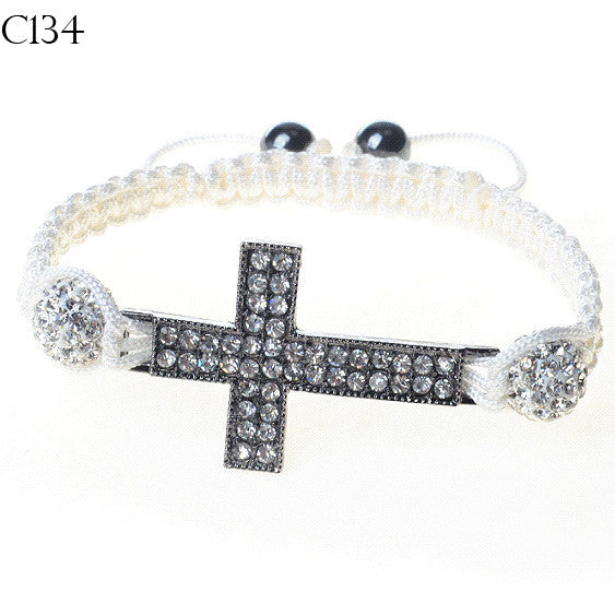 Silver-Tone Cross White CZ Cord Macrame Beaded Adjustable Bracelet