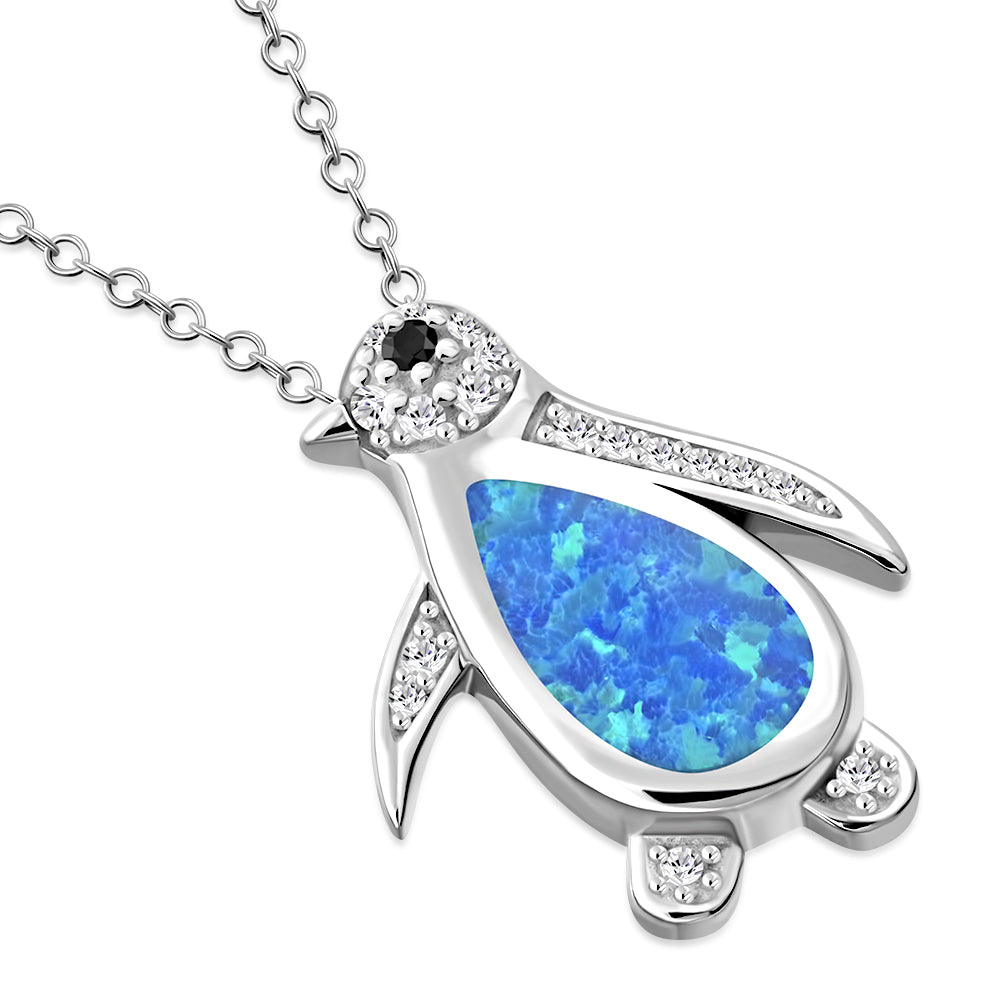 Blue Penguin Necklace Pendant 925 Sterling Silver Simulated Opal Cubic Zirconia