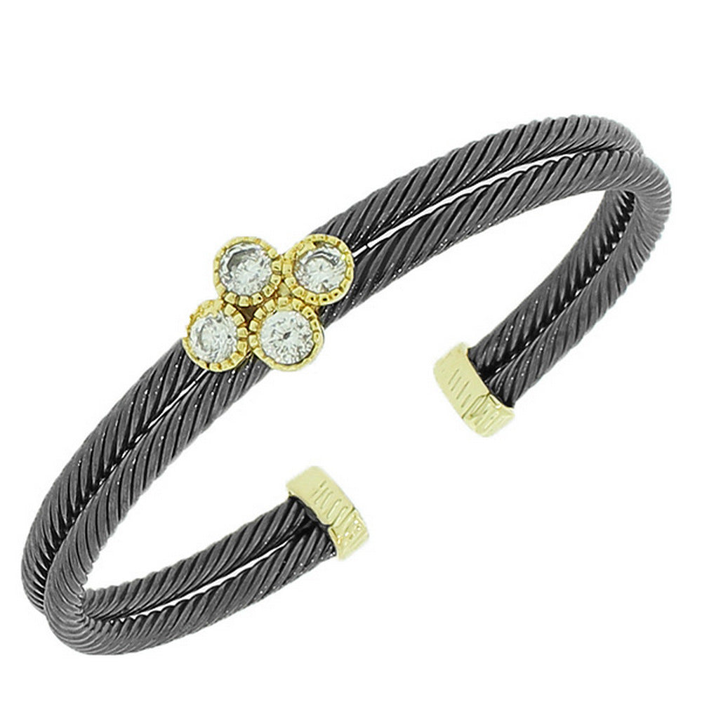 Fashion Black Yellow Gold-Tone Open End White CZ Bangle Bracelet