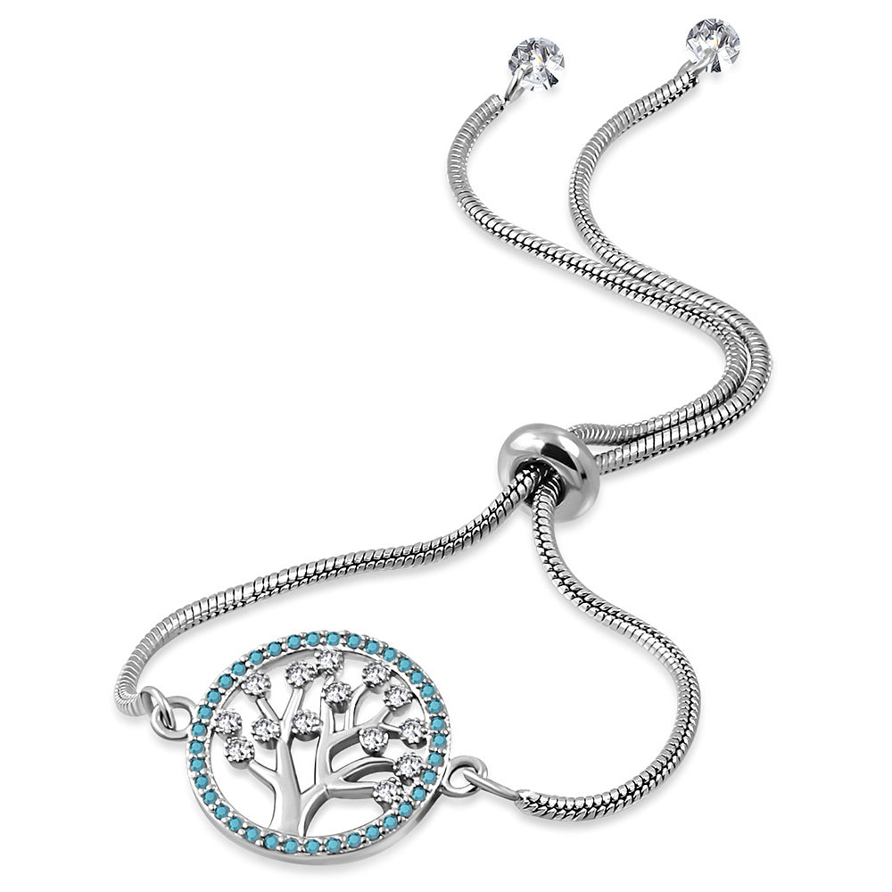 Stainless Steel Multi-Color CZ Tree of Life Adjustable Snake Chain Bracelet