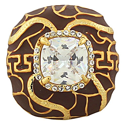 My Daily Styles Fashion Alloy Yellow Gold-Tone Brown Enamel White CZ Large Cocktail Ring