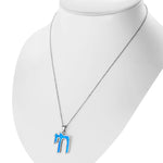 925 Sterling Silver Women’s Simulated Blue Opal Hebrew Chai (Life) Pendant Necklace with 16”-18" Adjustable Silver Cable Chain