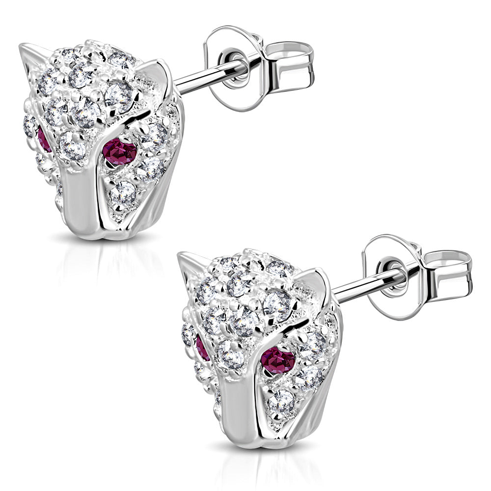 Pink Leopard Stud Earrings Silver Plated Brass Cubic Zirconia