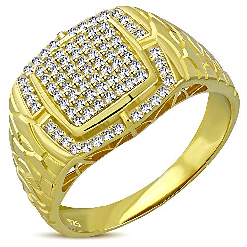My Daily Styles 925 Sterling Silver Men's Gold-Tone Micro Pave White CZ Stone Square Signet Style Ring with Engraved Band