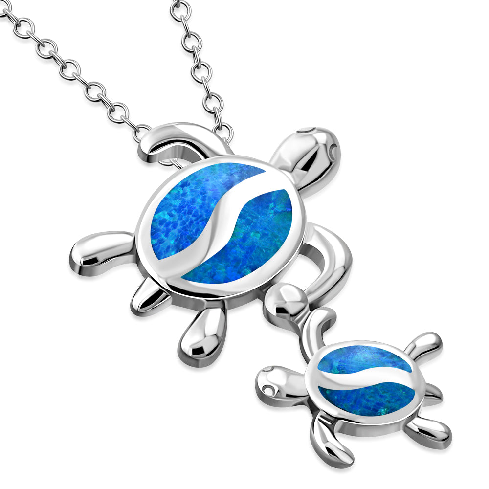 Blue Sea Turtle Pair Necklace Pendant 925 Sterling Silver Simulated Opal