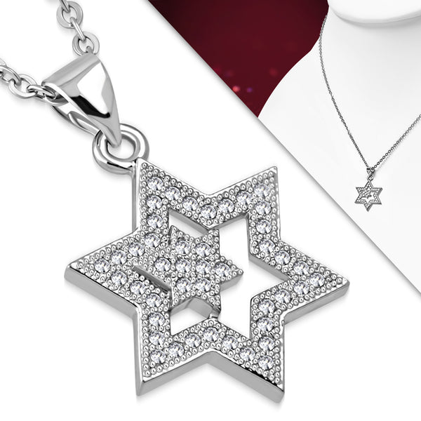 Stainless Steel Cubic Zirconia Jewish Star of David Pendant Necklace