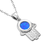Blue Simulated Opal 925 Sterling Silver Hamsa Pendant Necklace Cubic Zirconia