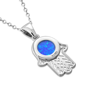 Blue Simulated Opal 925 Sterling Silver Hamsa Pendant Necklace Cubic Zirconia