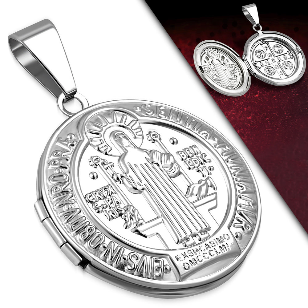 Stainless Steel St. Benedict Medal Cross Christian Locket Pendant Necklace