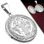 Stainless Steel St. Benedict Medal Cross Christian Locket Pendant Necklace