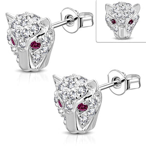 Pink Leopard Stud Earrings Silver Plated Brass Cubic Zirconia
