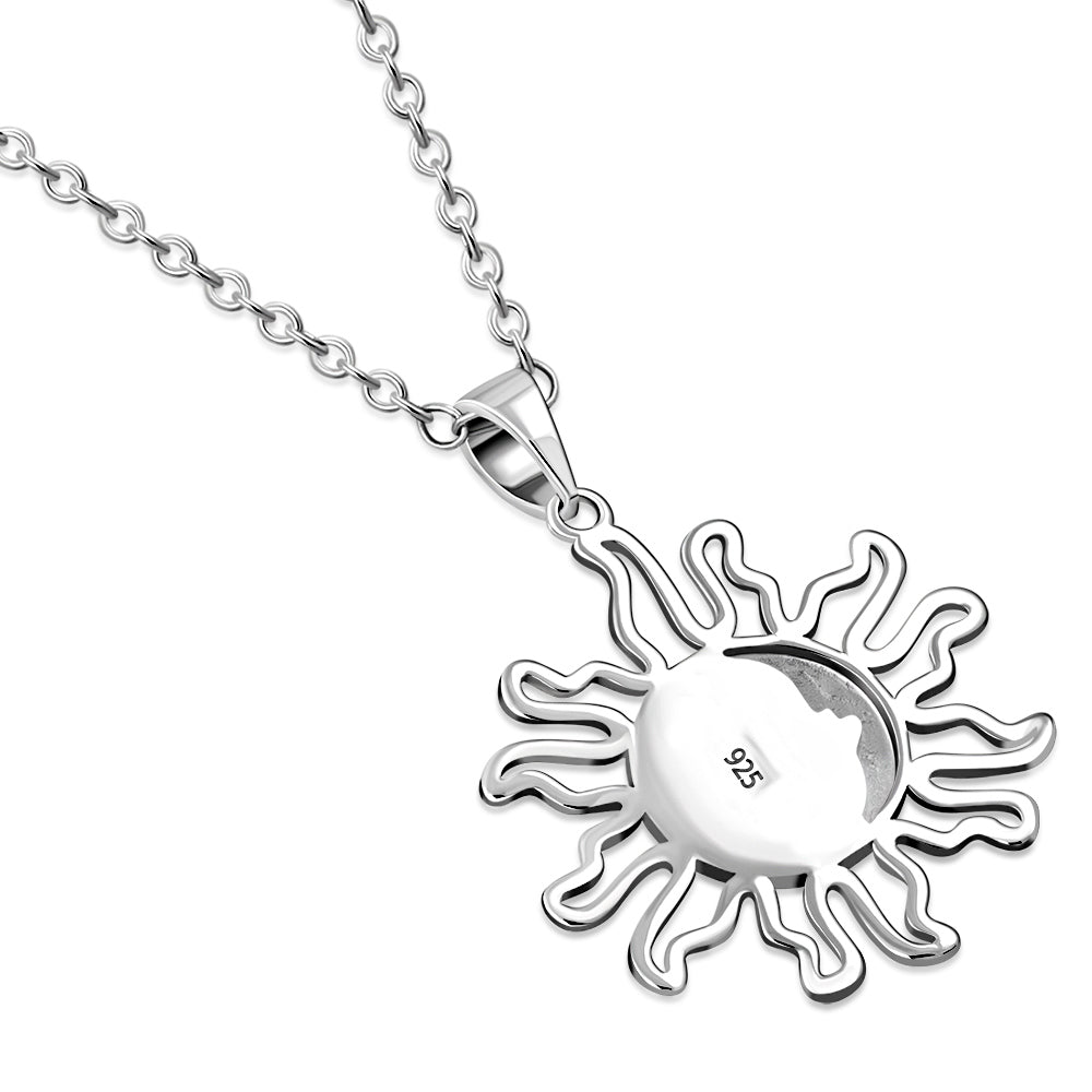 My Daily Styles - Sun and Moon Necklace - Celestial Pendant Necklace Adorned with Gorgeous Blue Simulated Opal Stone - Alluring 925 Sterling Silver Necklace