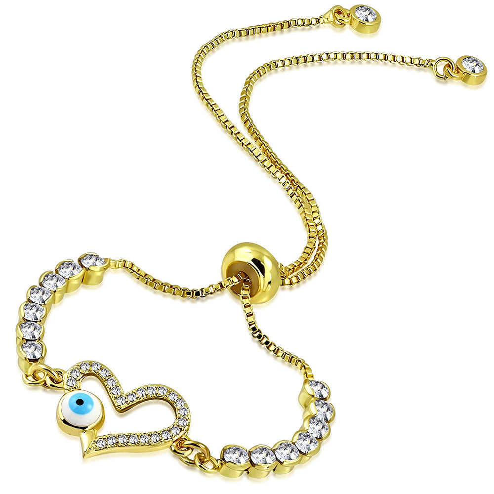 Stainless Steel Yellow Gold-Tone CZ Multi-Color Evil Eye Heart Adjustable Chain Bracelet, 9.5"