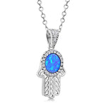 Blue Simulated Opal 925 Sterling Silver Hamsa Pendant Necklace Cubic Zirconia