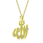 Men's Yellow Gold Tone 925 Sterling Silver Allah Pendant Necklace Cubic Zirconia