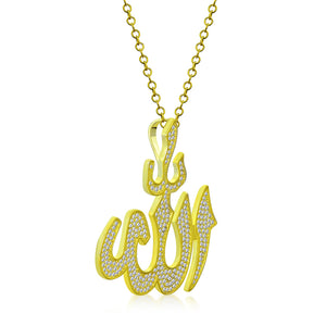 Men's Yellow Gold Tone 925 Sterling Silver Allah Pendant Necklace Cubic Zirconia
