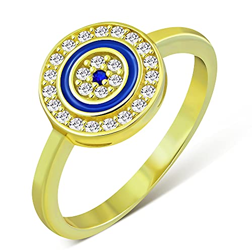 925 Sterling Silver Evil Eye Ring Cubic Zirconia Womens Yellow Gold Tone