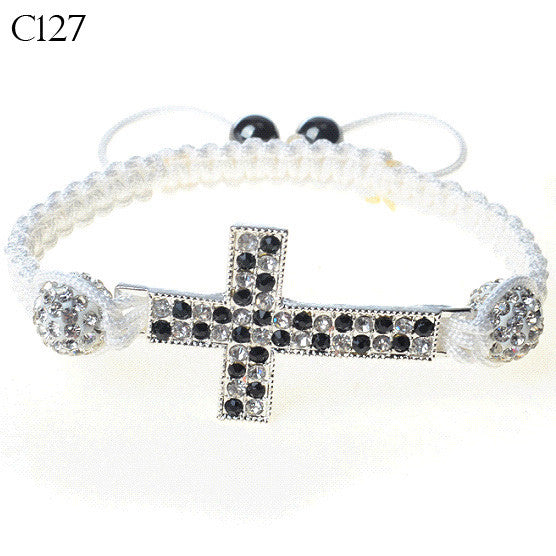 Silver-Tone Cross White Black CZ Cord Macrame Beaded Adjustable Bracelet