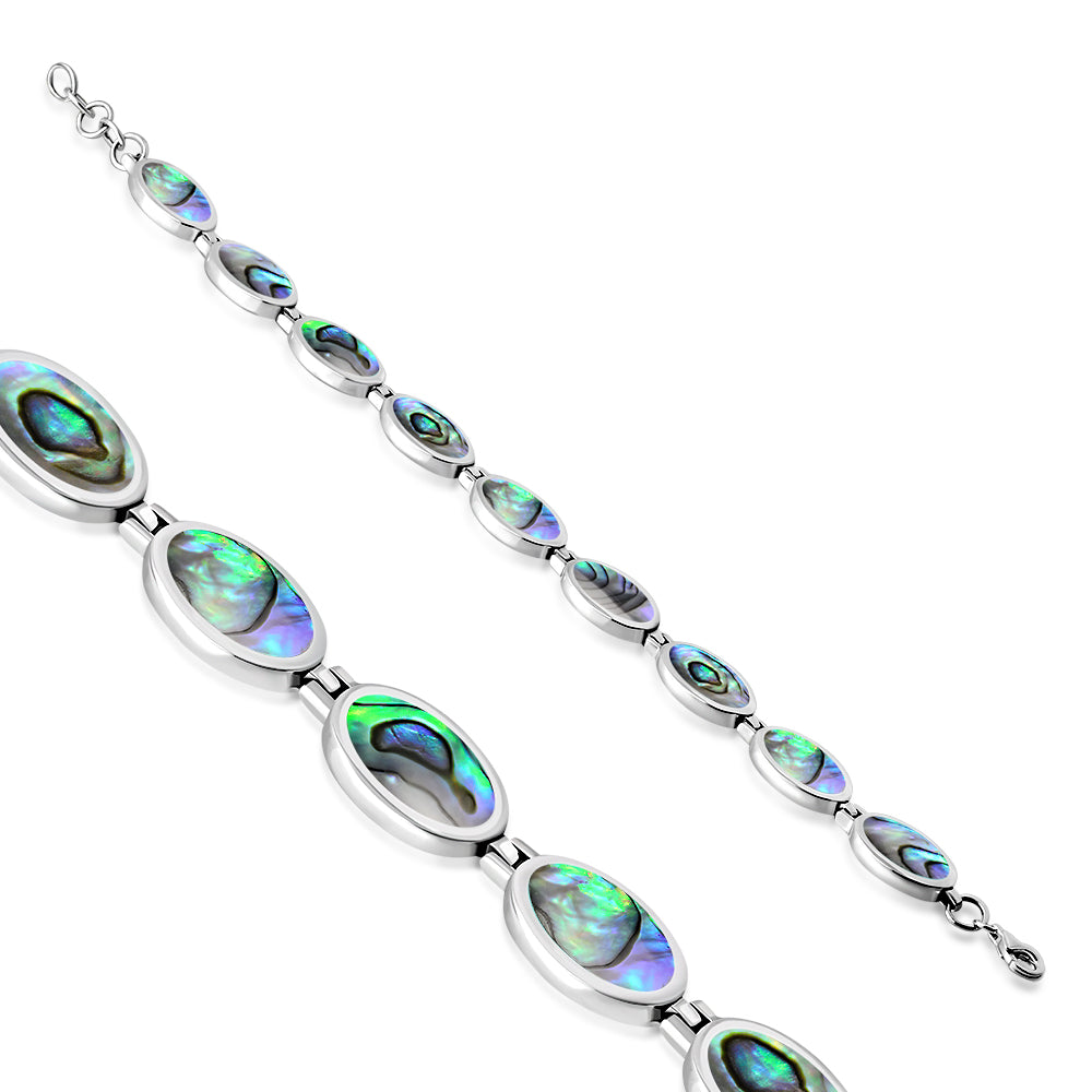 Women's Simulated Abalone Shell 925 Sterling Silver Oval Link Adjustable from 6.5" - 7.25" (inches) Bracelet