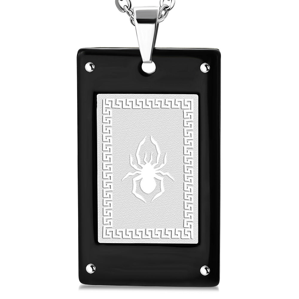 Stainless Steel Black Silver-Tone Spider Dog Tag Pendant Necklace, 22"