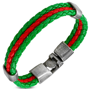 Stainless Steel Multi-Color Braided Faux Leather Layer Cuff Bracelet, 7.5"