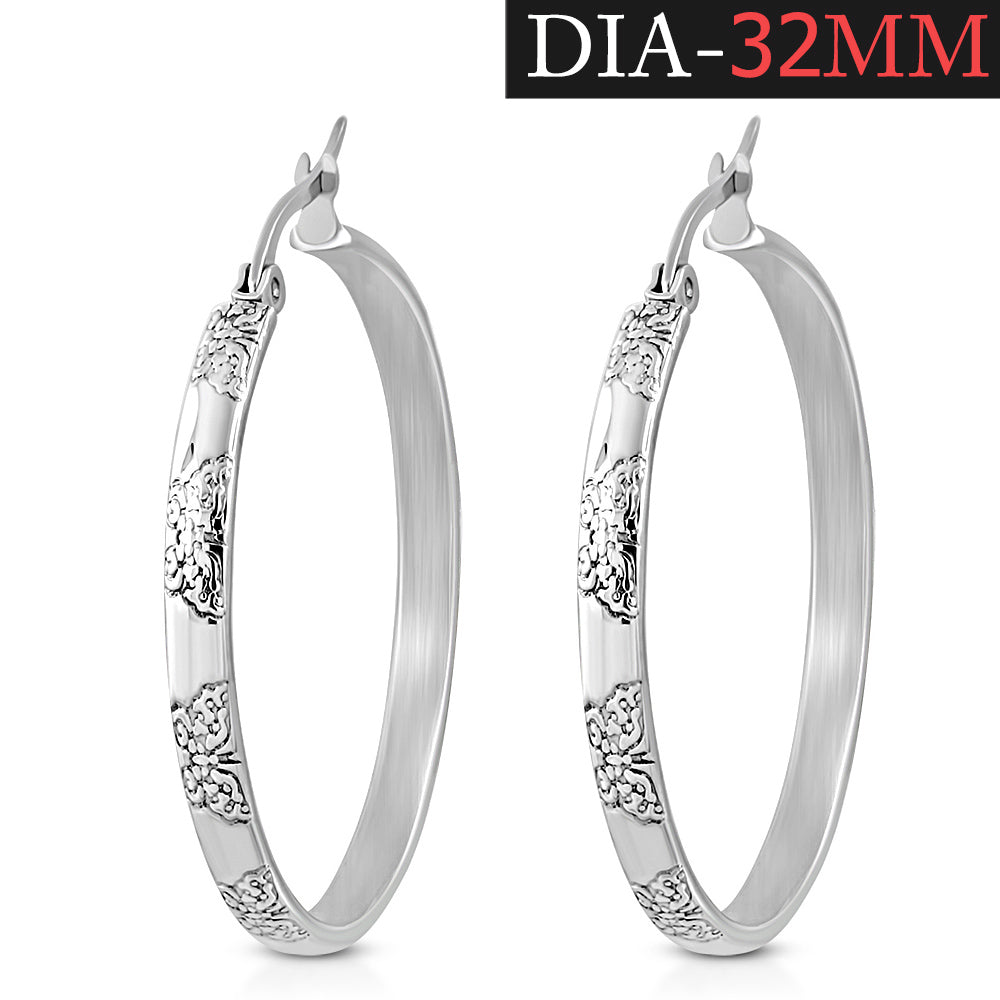 Stainless Steel Silver-Tone Round Butterfly Floral Hoop Earrings, 1.25"