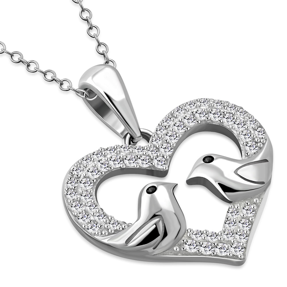 Lovebirds Heart Necklace Pendant 925 Sterling Silver Cubic Zirconia