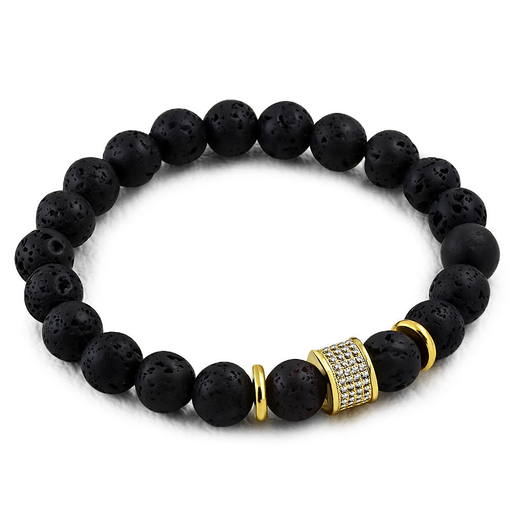 Stainless Steel Yellow Gold-Tone CZ Black Lava Rock Beaded Stretch Bracelet